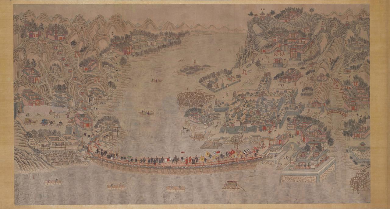 明代的《黄河兰州浮桥图》局部，可见桥门外的关帝庙和浮桥入口