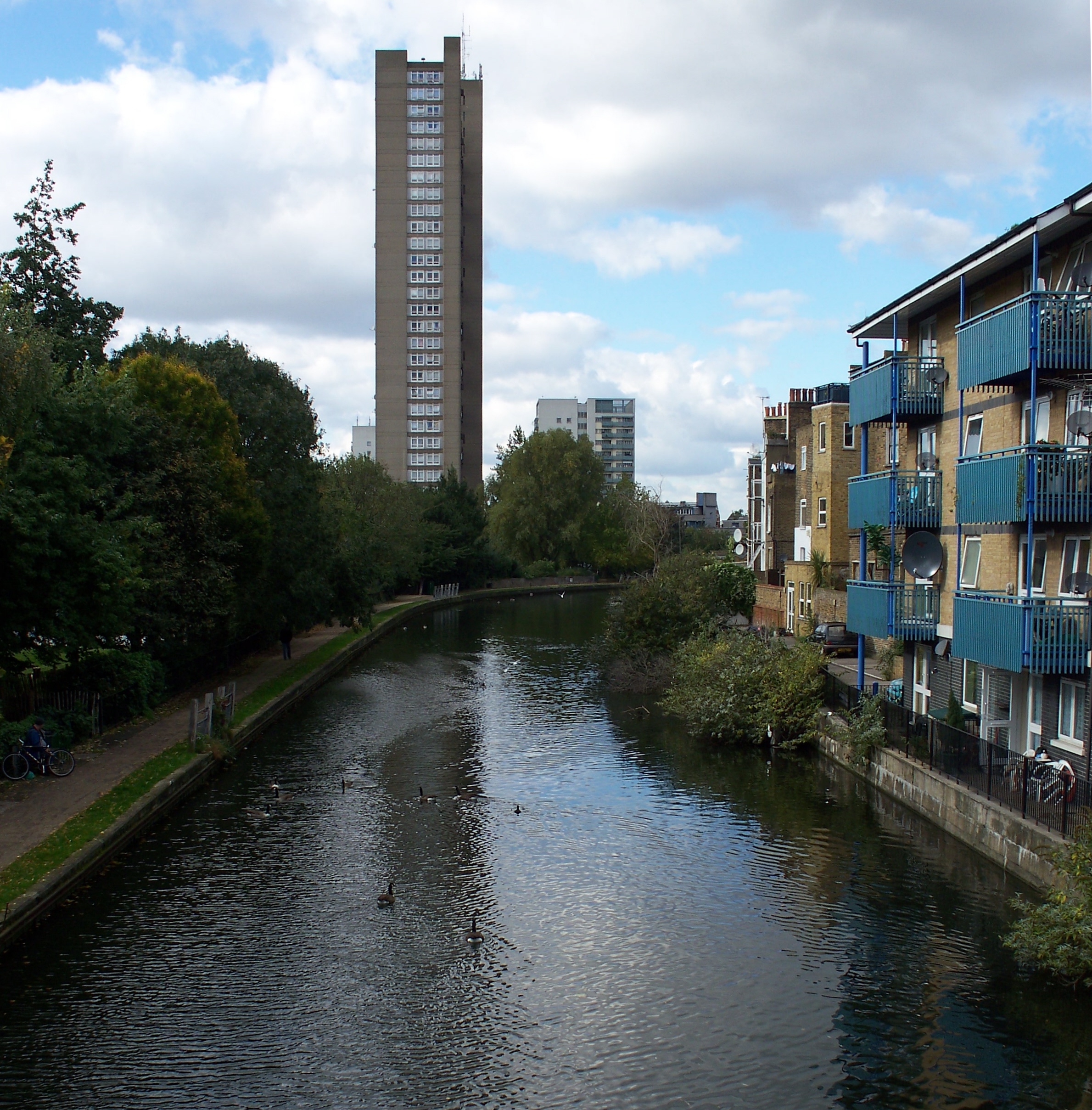 从 Grand Union Canal 方向看 Trellick Tower，前景是水面和 Meanwhile Gardens 植被