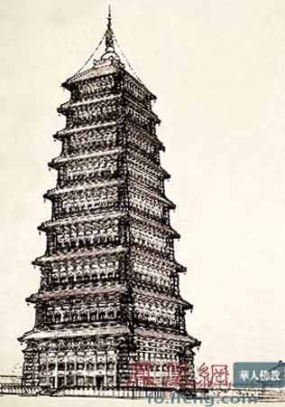 永宁寺九层木塔复原效果图，展示了136米高塔的完整外观