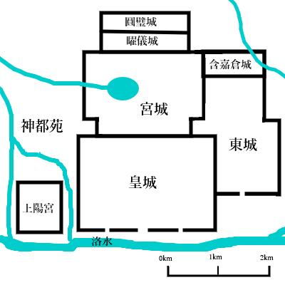 隋唐洛阳城平面图,可见洛河穿城而过、天津桥位置和含嘉仓城