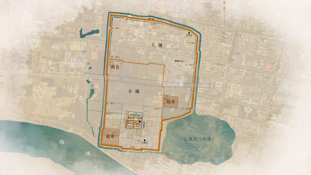 偃师商城遗址考古平面图,显示大城与小城的布局关系