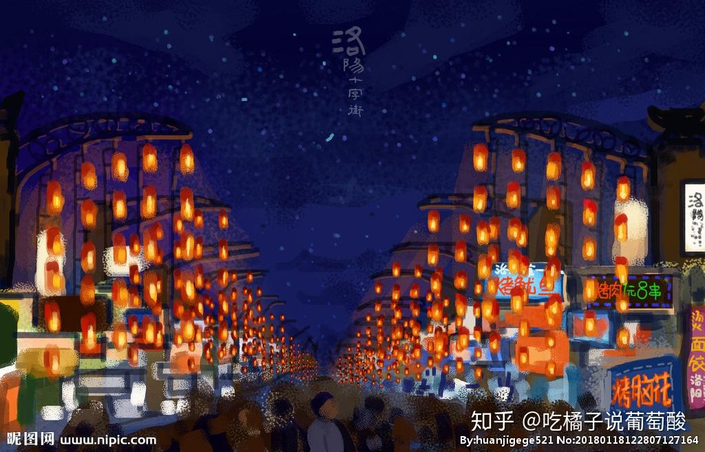 洛阳老城十字街夜景，红色灯笼点亮街道，人群熙攘