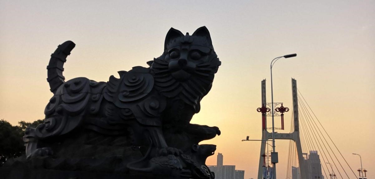 八一大桥南桥头的白猫和黑猫雕塑，黑猫爪下压着老鼠和铜钱