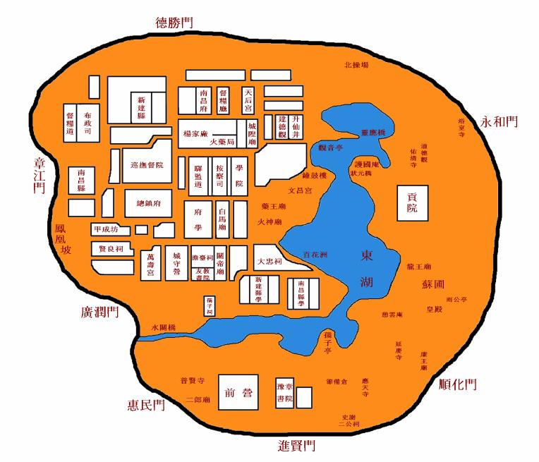 清代南昌古城地图，七座城门及城墙轮廓清晰可见
