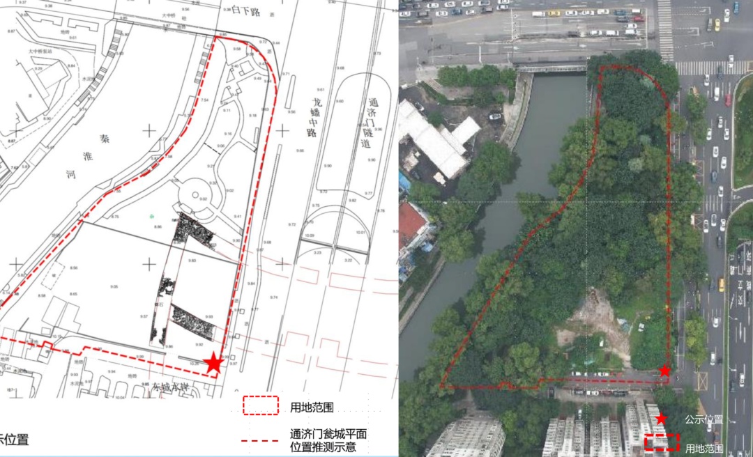 通济门遗址公园的地面铺装标示，勾勒出船形瓮城的基础轮廓
