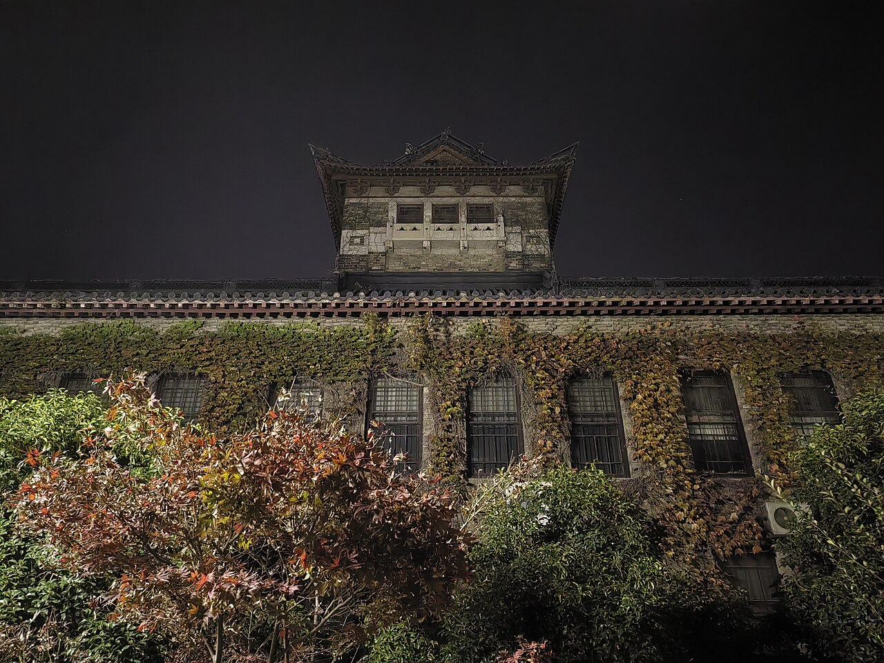北大楼正面，歇山顶塔楼被绿植覆盖，画面摄于夜间灯光下