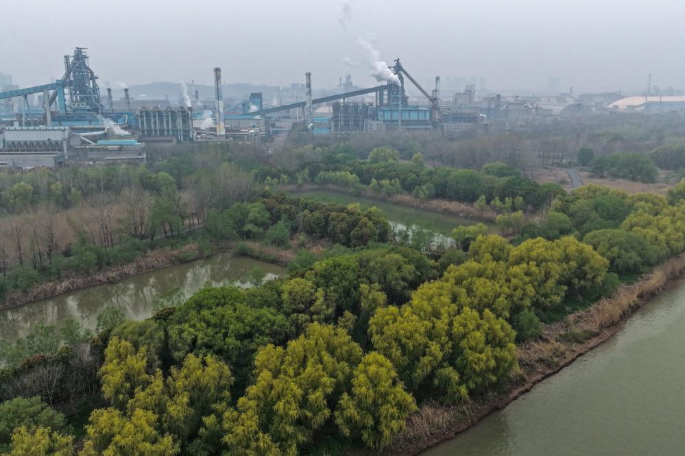 南钢厂区滨江生态湿地园，芦苇与工业冷凝塔同框