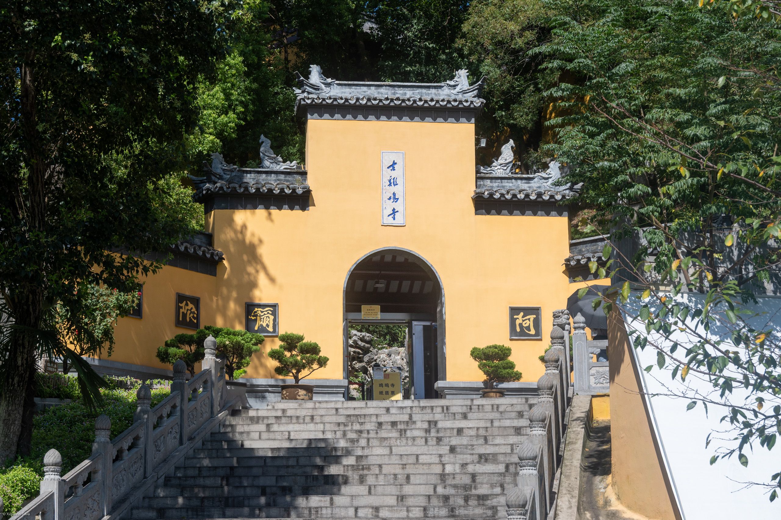鸡鸣寺药师佛塔与建筑群，黄墙黛瓦紧邻明城墙