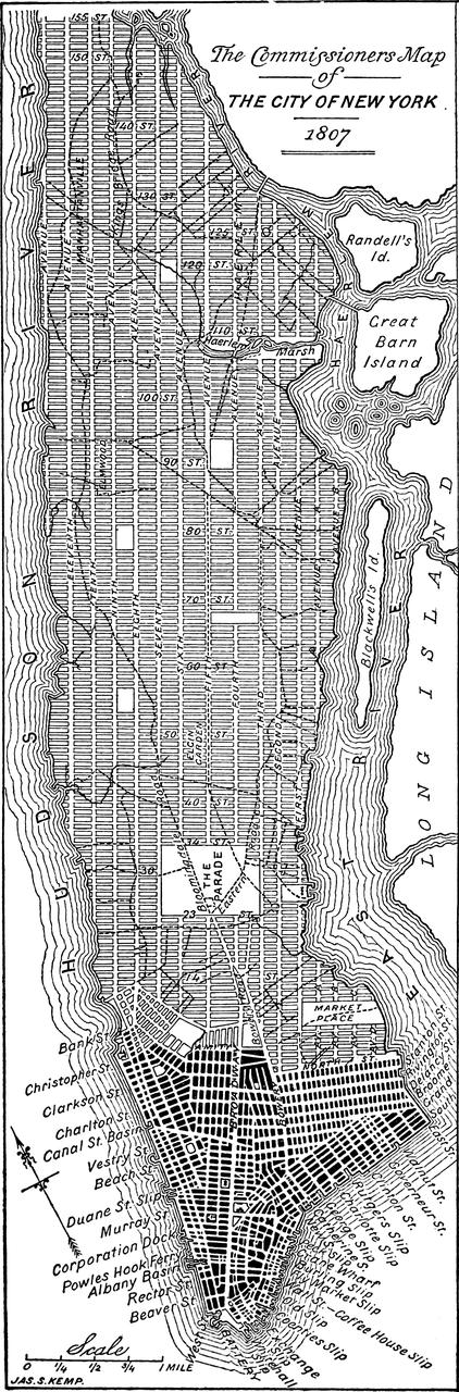 1811 年 Commissioners' Plan 地图中的 Broadway 斜线