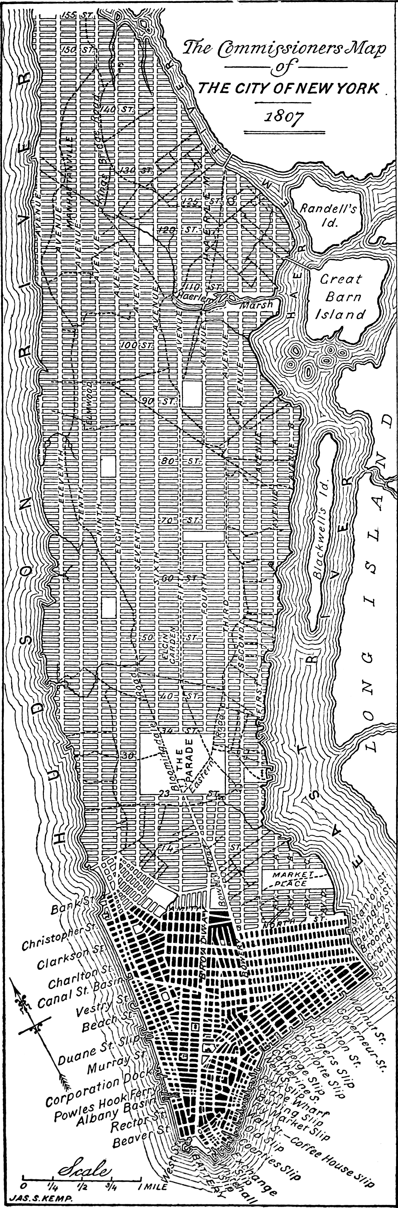1811 年 Commissioners' Plan 地图中的 Broadway 斜线