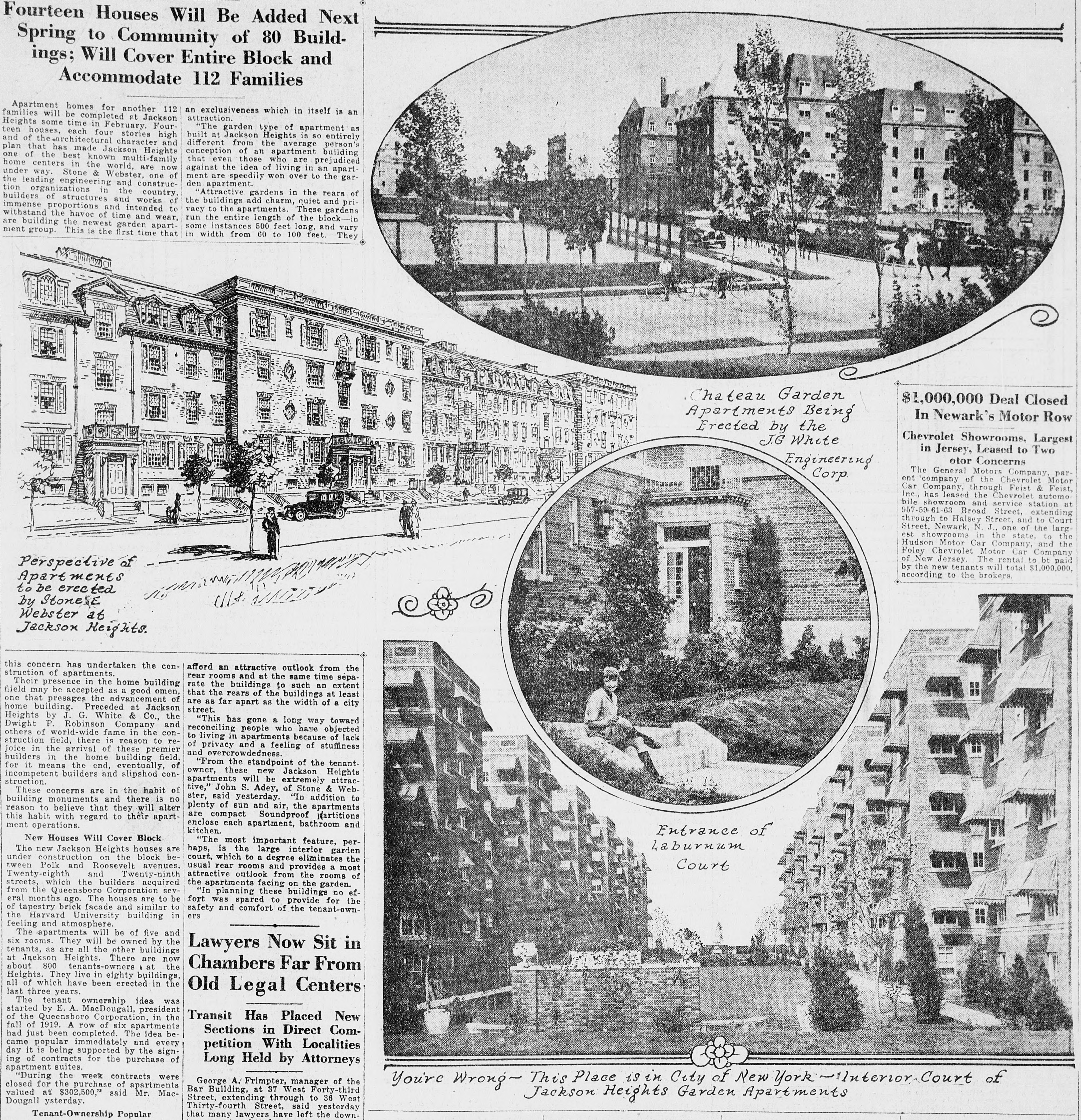 1922 年 Jackson Heights 花园公寓的宣传插图