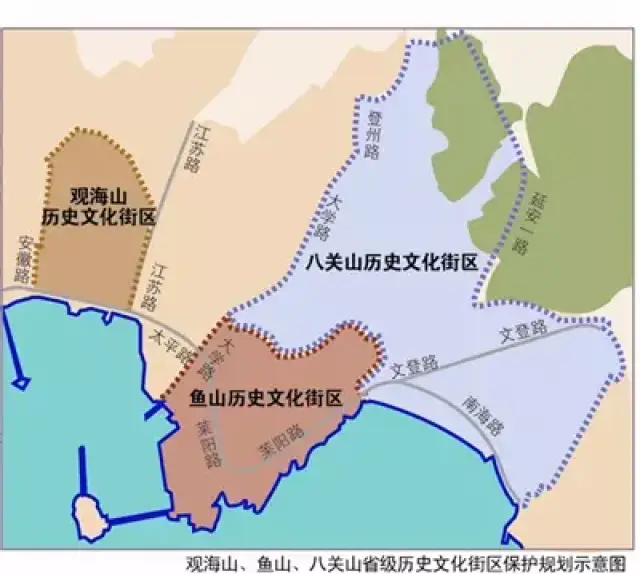 青岛历史文化名城保护规划图，清晰标示观海山-总督府-青岛湾的中轴线关系