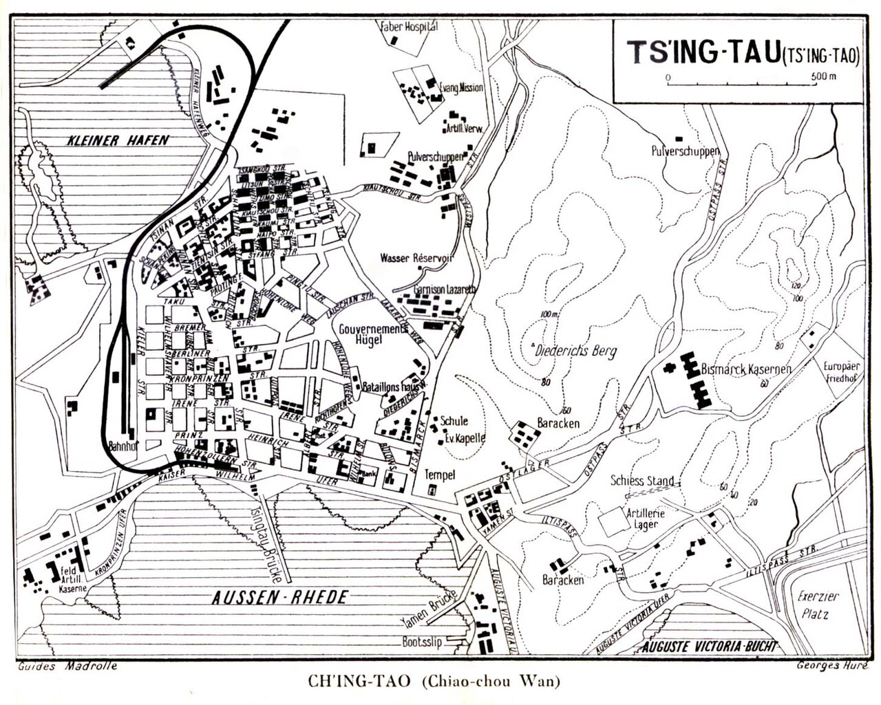 1912年德国出版的青岛城市地图,可以清楚看到总督府在观海山南麓的位置和通向海边的道路系统