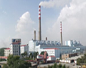 富尔基热电厂厂区外景，可见其生产厂房和配套设施建筑沿嫩江西岸排列