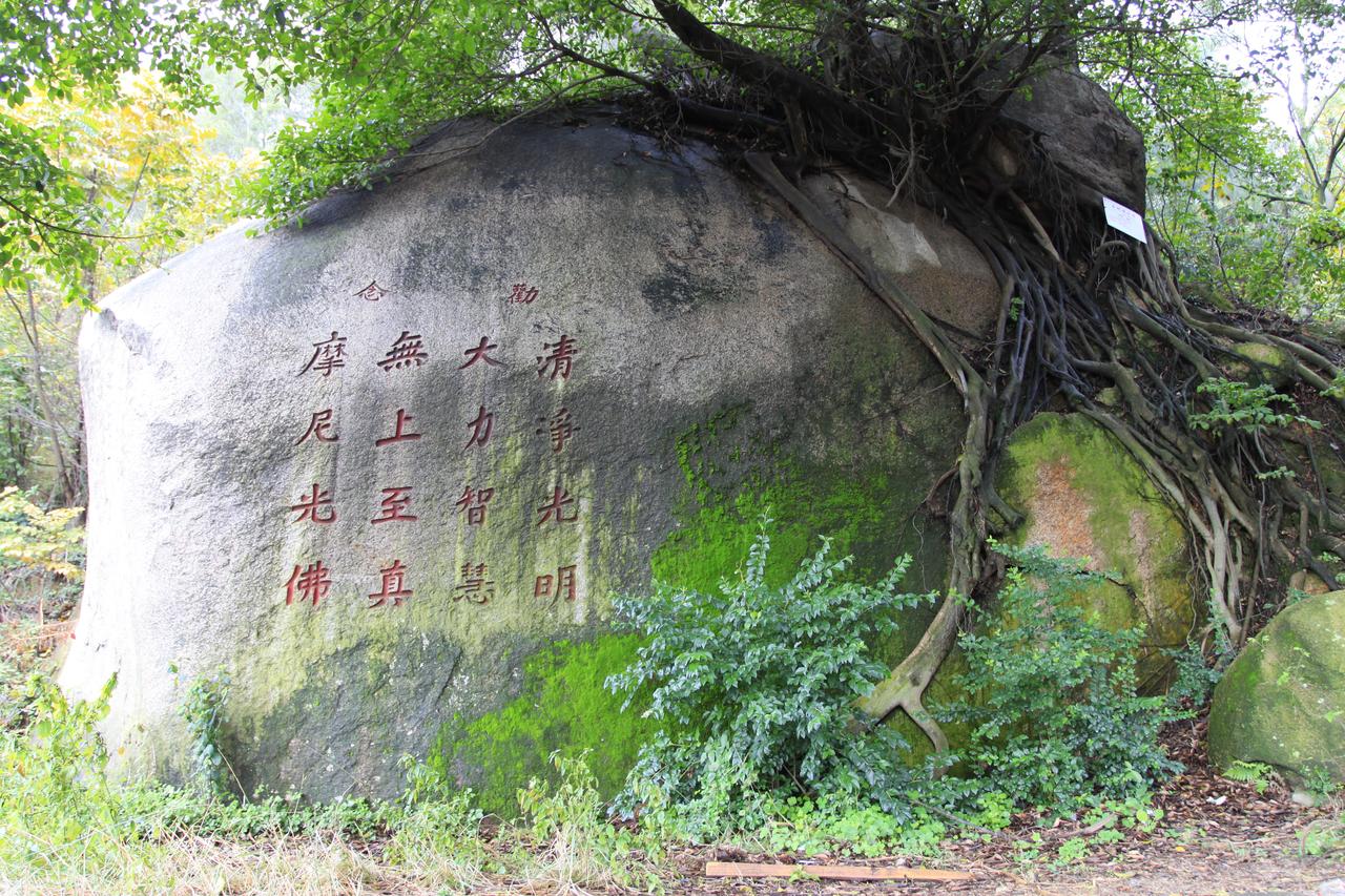 草庵正面外观：红砖正立面、石砌墙身与单檐歇山顶