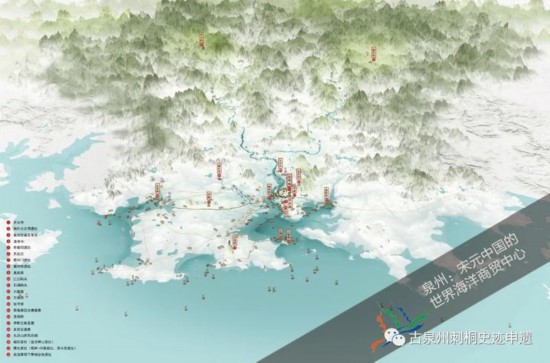 泉州22处遗产点分布示意图，四种颜色对应四组功能分类