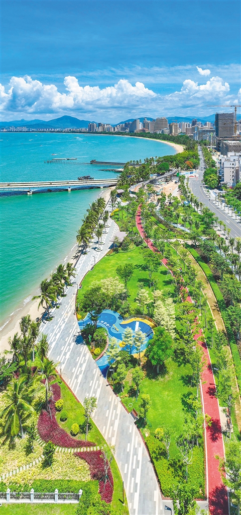 三亚湾椰梦长廊的滨海绿道：椰树夹道、步道蜿蜒，远处可见城市建筑群