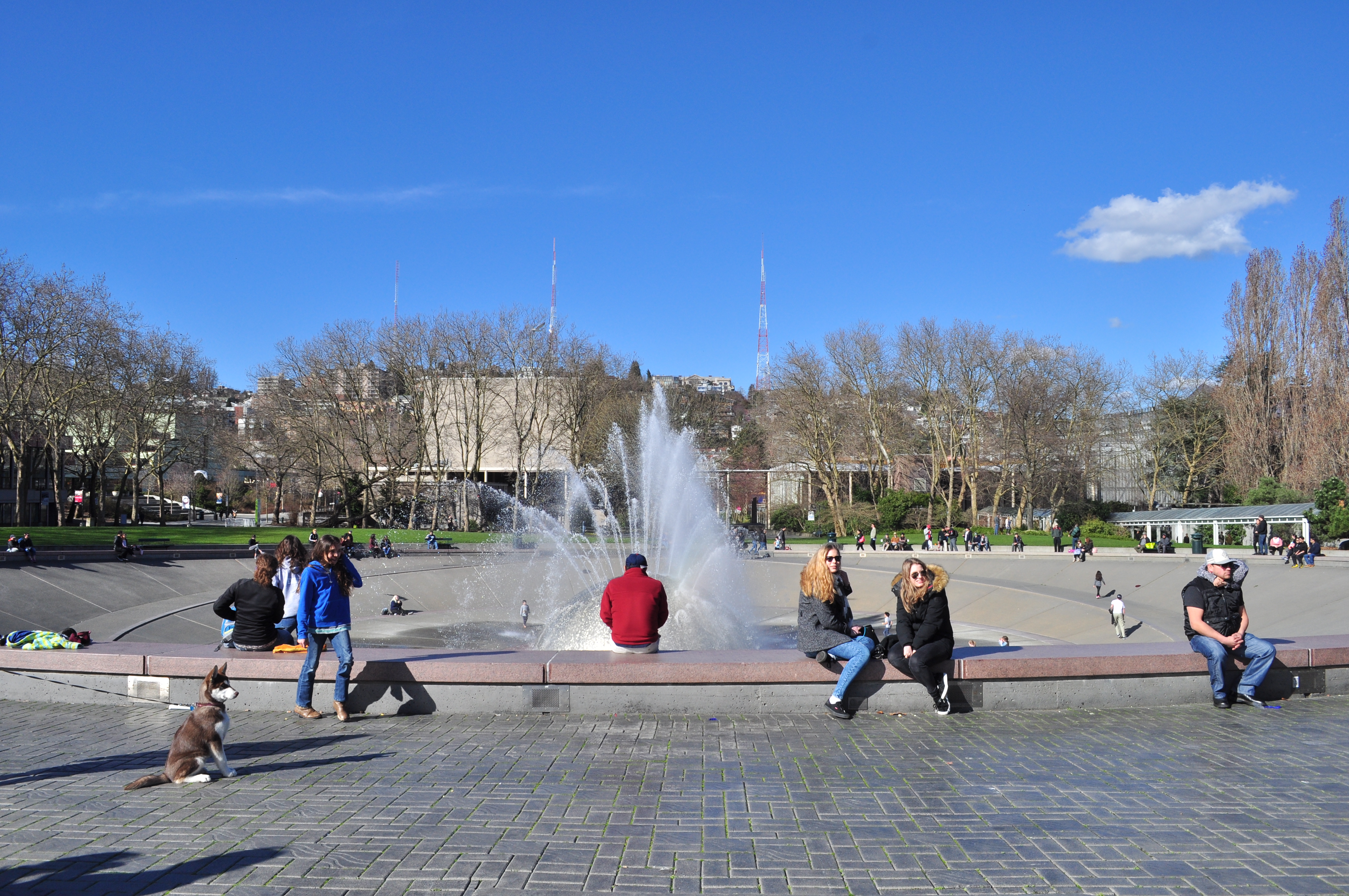 1995 年重建后的 International Fountain：不锈钢半球与 220 英尺水池