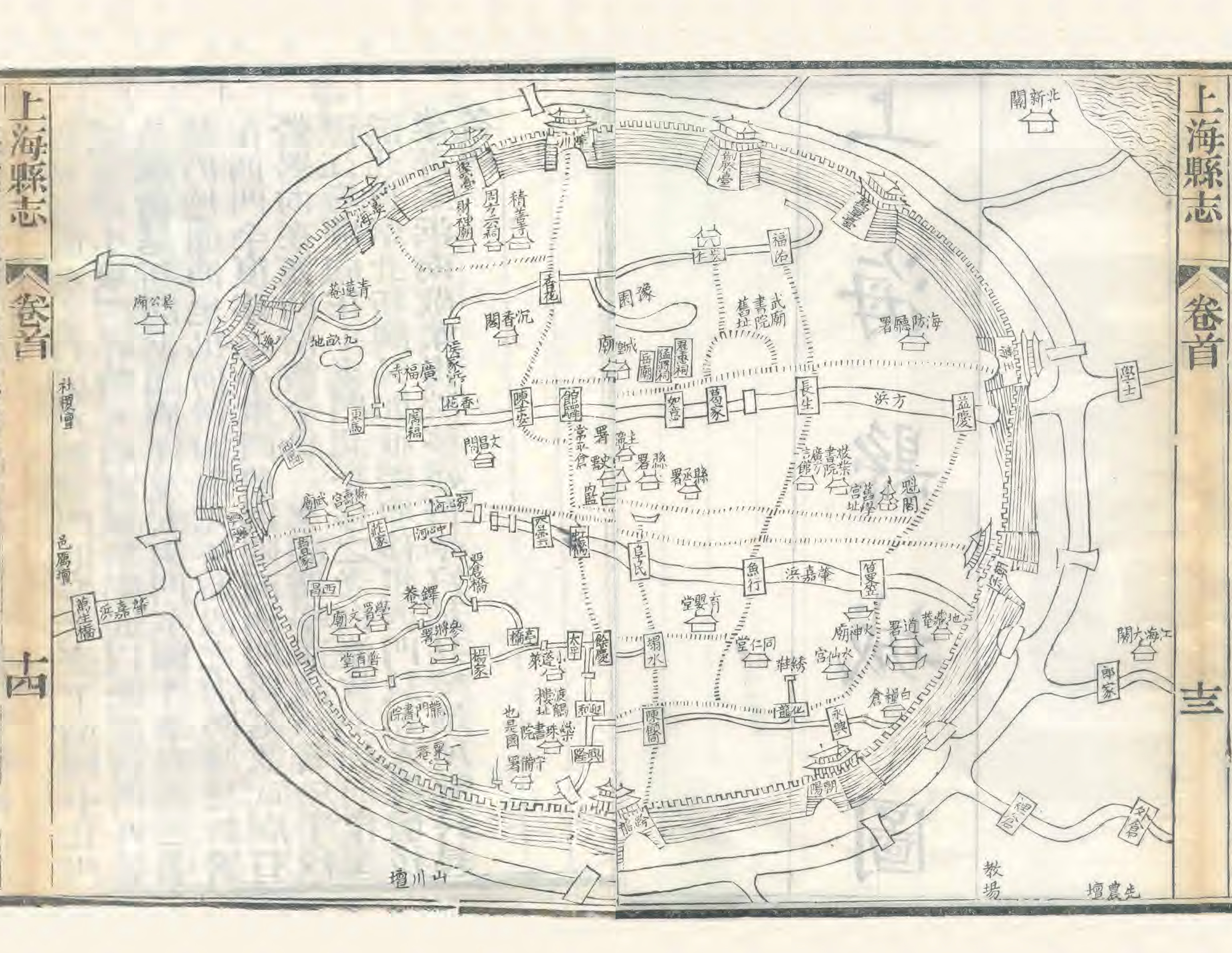 1884年上海县城厢租界全图局部，可见城墙围合的梨形城区与城外租界的空间关系