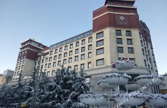 日喀则市区现代商业区街景,高层建筑与商铺沿街排列