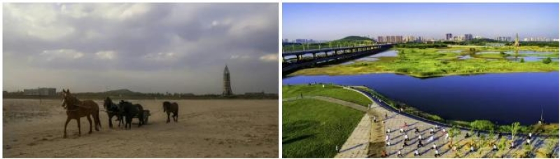 滹沱河城区段治理前后对比：左图为干涸沙石滩，右图为蓄水后宽阔水面