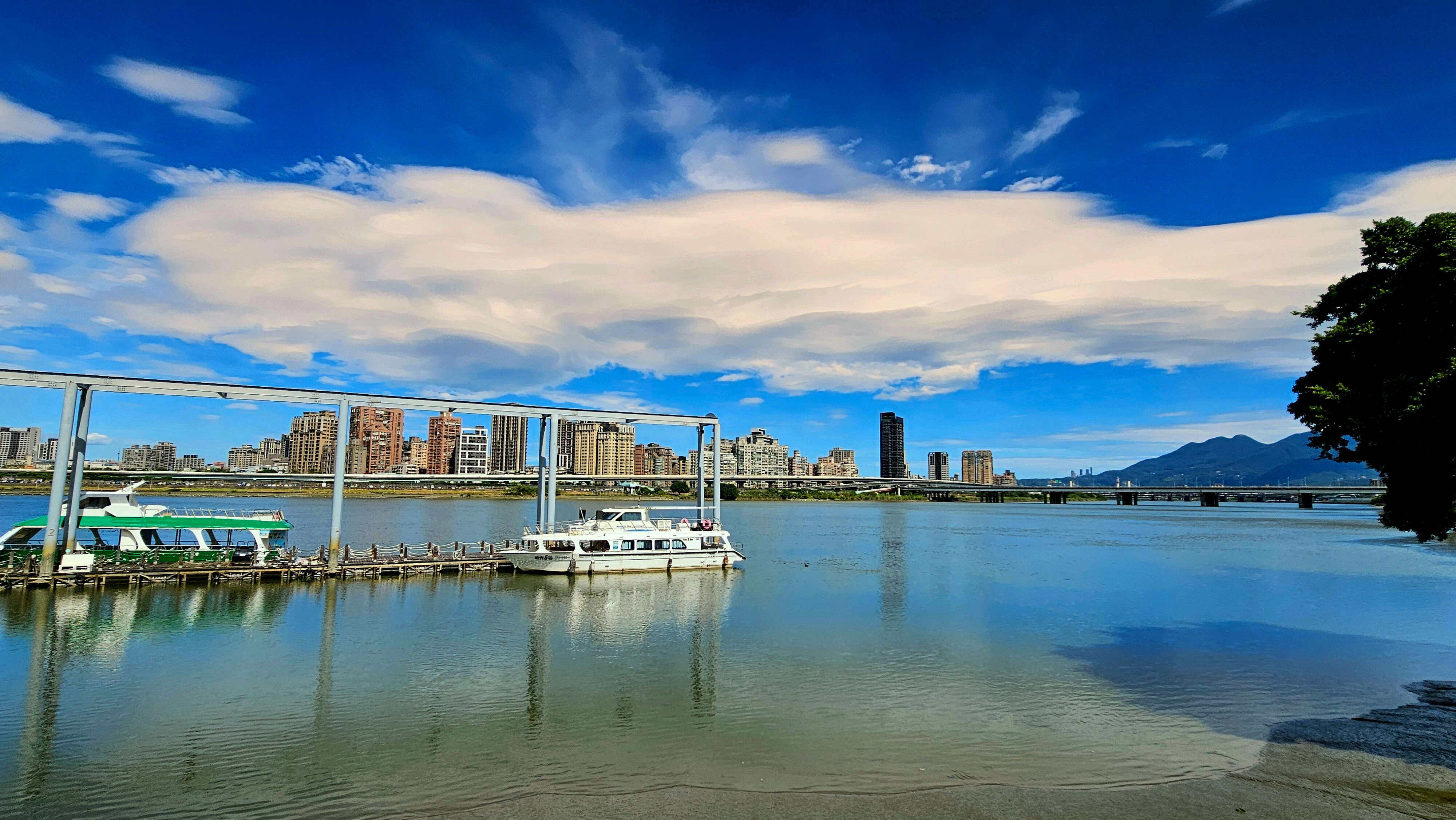 A harbor with boats docked along the pier, overlooking a cityscape with tall bui