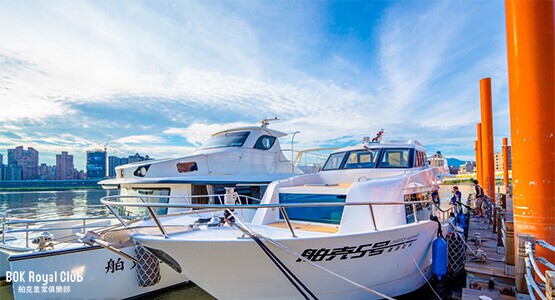 Several white boats are docked at a pier along the water, with a city skyline an