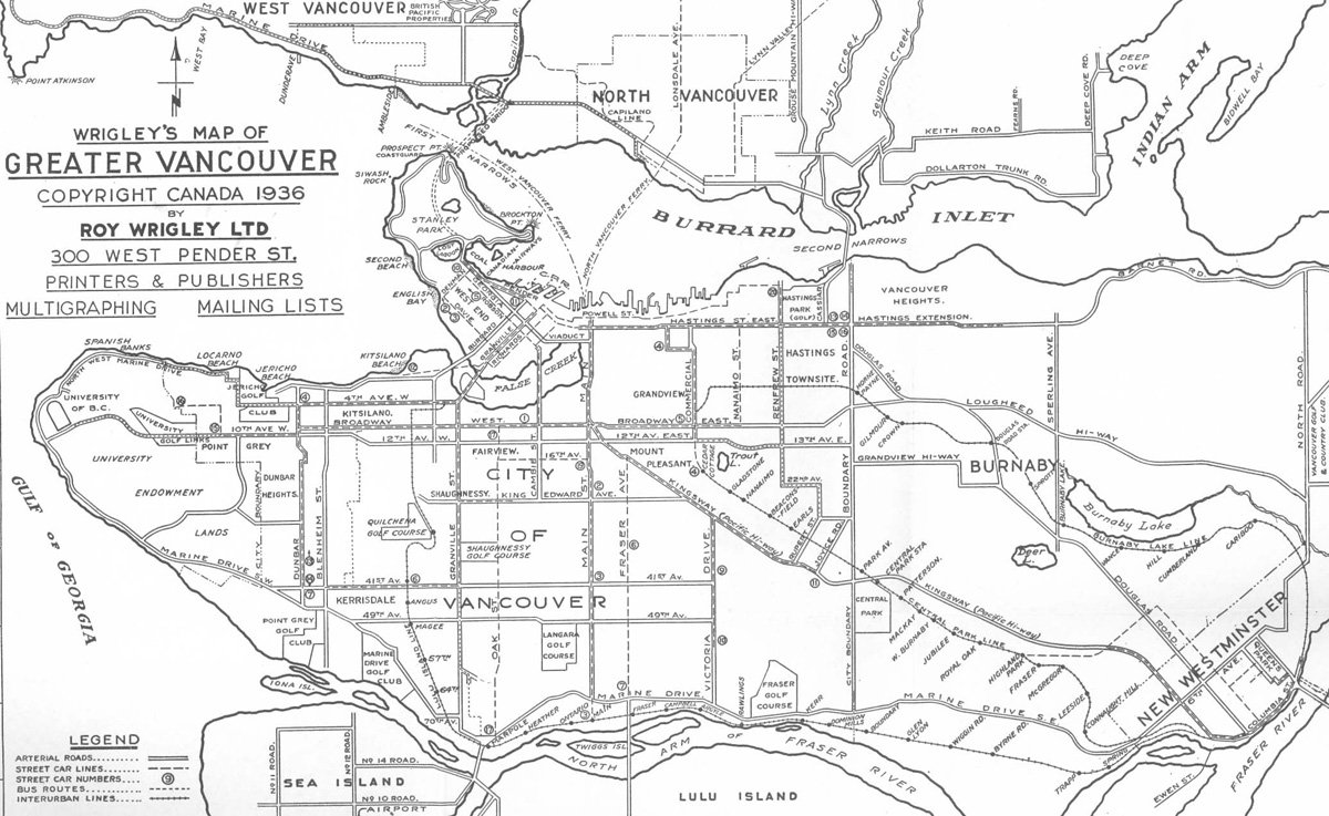 1936 年 Greater Vancouver interurban 线路图，展示五条线路覆盖 Chilliwack、New Westminster、Steveston 等 Lower Mainland 区域