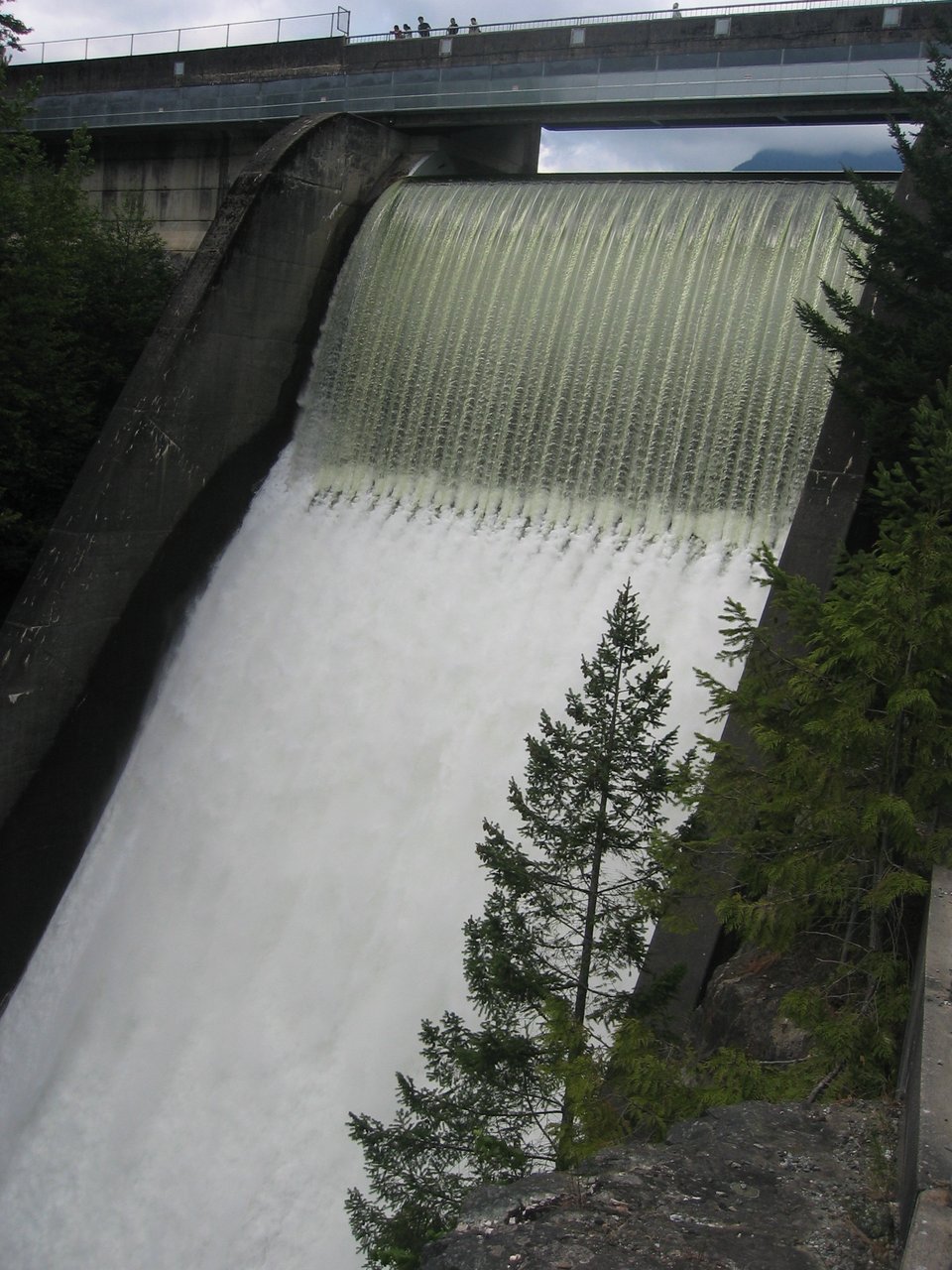 从下游看 Cleveland Dam 混凝土坝体全貌，坡脚厚实，坝面体量直接传达重力坝靠自身重量挡水的工作原理