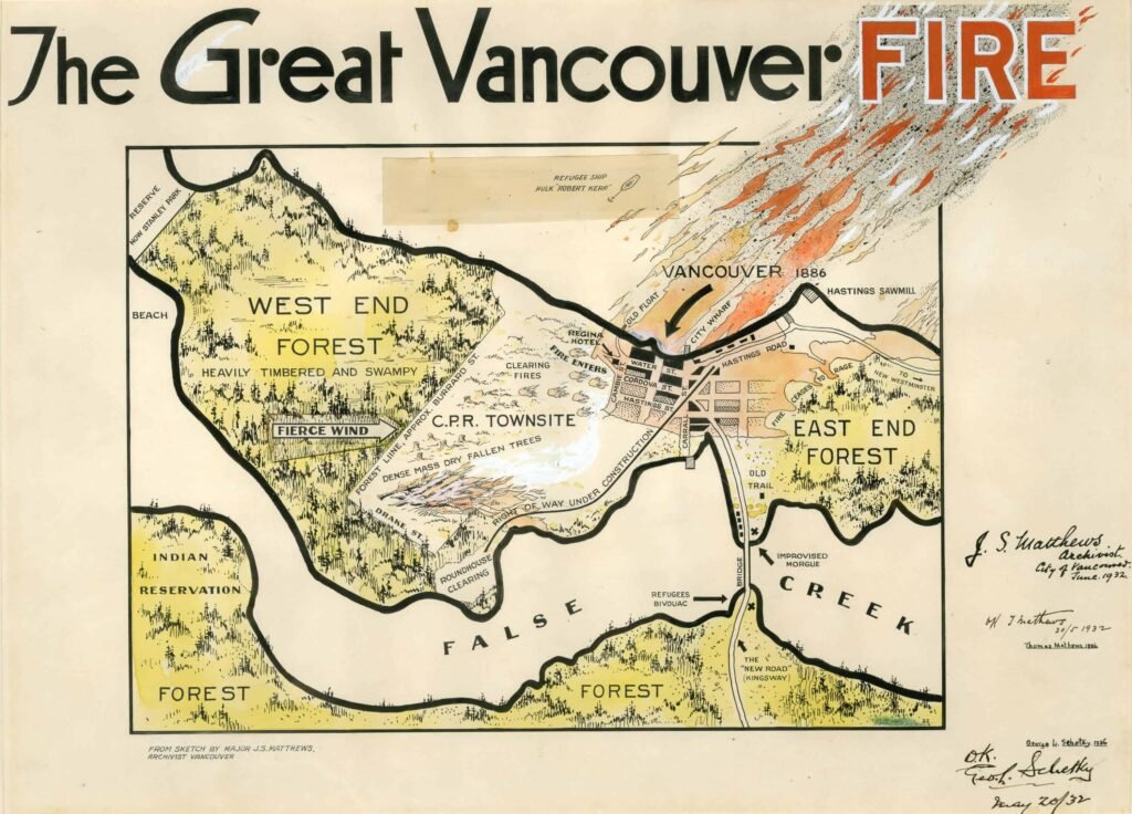 Major Matthews 1930 年手绘的 1886 年温哥华大火草图，记录火灾范围和城市夷平情况
