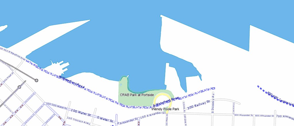 CRAB Park 当前 VanMap 图，显示公园、Waterfront Road、港口边界和 Burrard Inlet 的相对位置