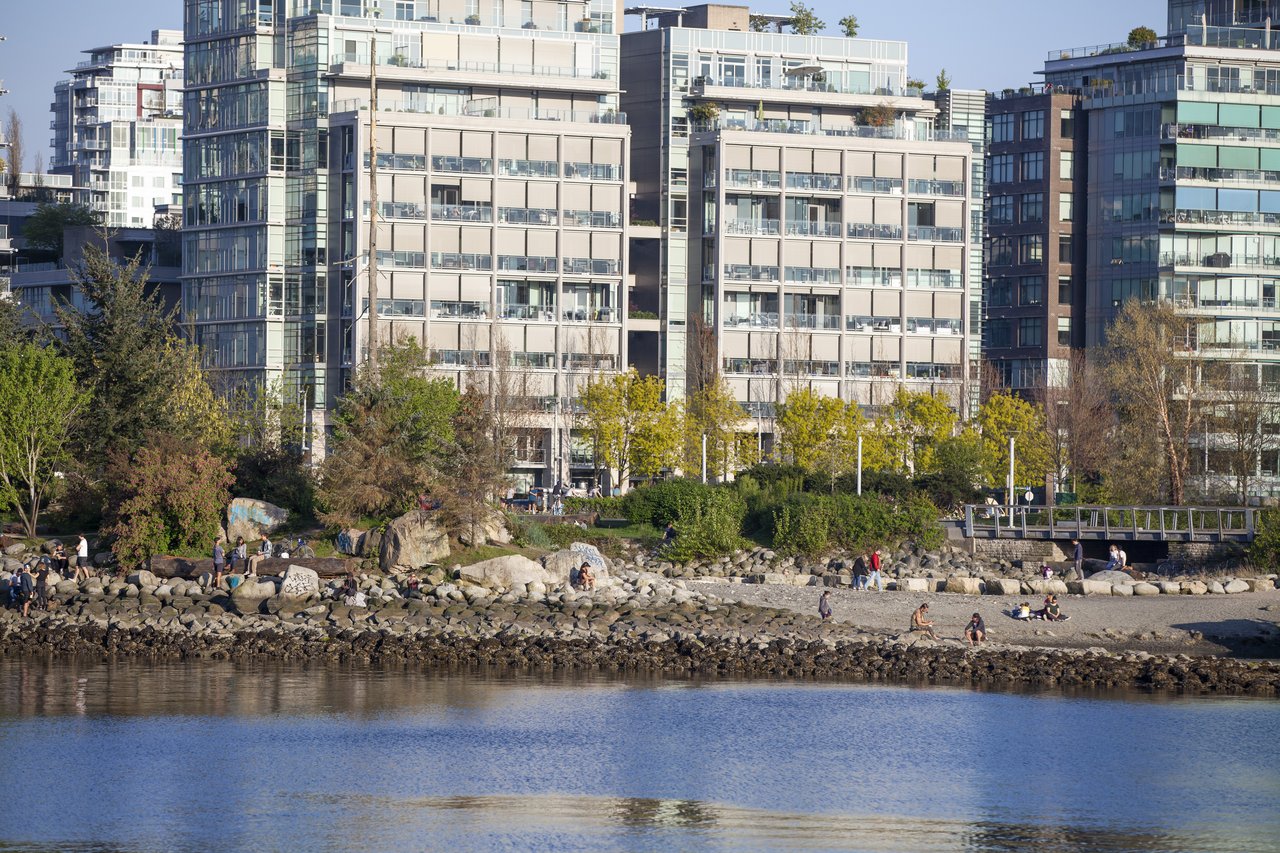 从 David Lam Park 看 Habitat Island，岛位于 False Creek 水面中央，背景为 Olympic Village 住宅楼和温哥华天际线