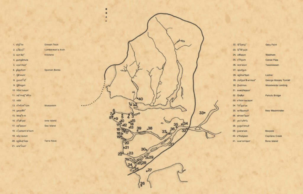1976 年 Musqueam Declaration 地图，标示传统领土覆盖今天 Metro Vancouver 的大范围区域