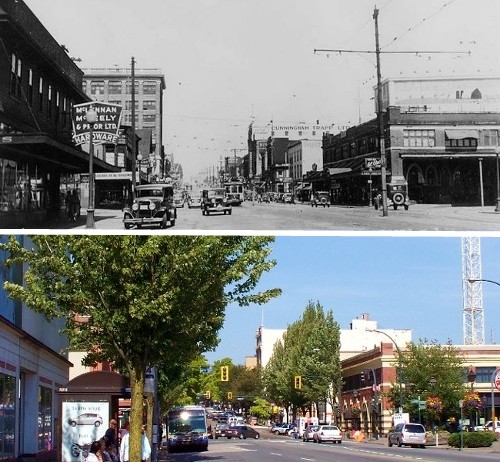 Columbia Street 1932 年与 2008 年对比，街道宽度和建筑轮廓在 70 余年间基本未变