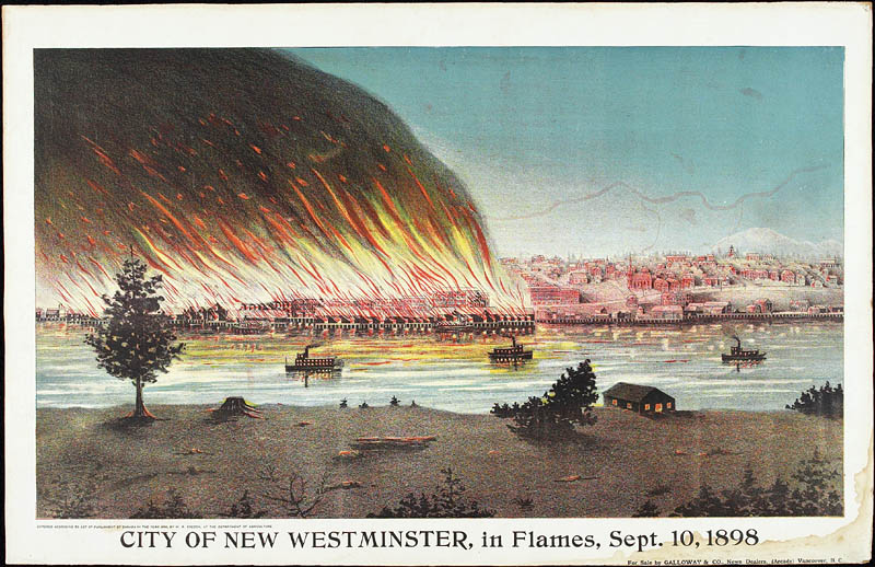 1898 年 New Westminster 大火的版画，城市大部分木结构建筑被烧毁，浓烟笼罩 Fraser River 上空