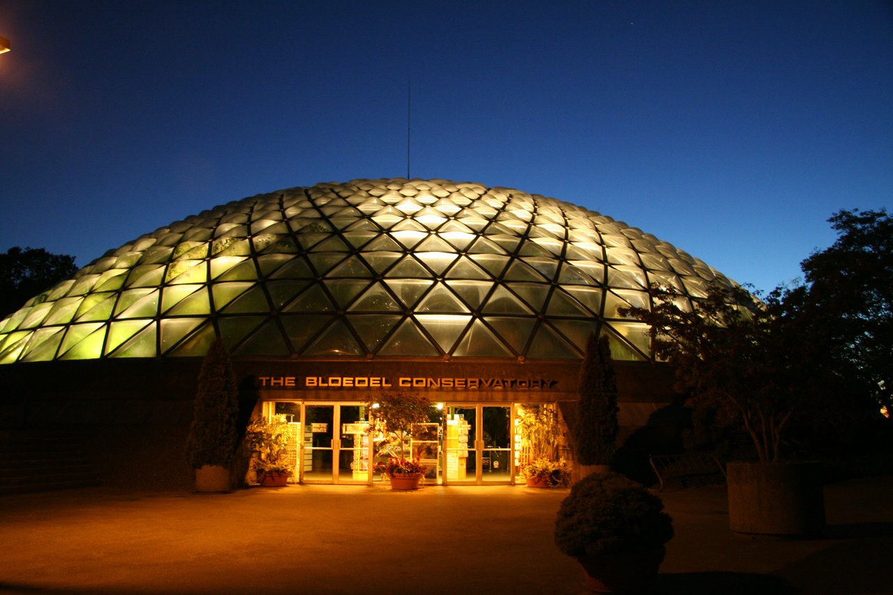 Bloedel Conservatory 测地穹顶外观，铝管框架和亚克力气泡玻璃面板构成三角网格穹顶，穹顶后方可见温哥华市中心天际线