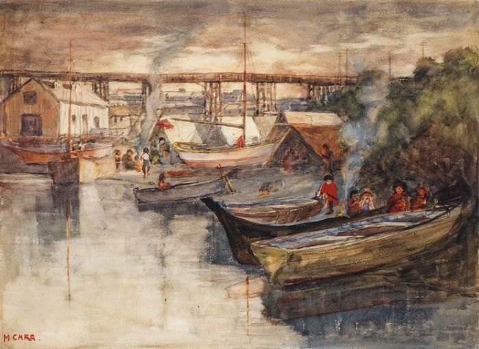 Emily Carr 的 1908 年油画 "Indian Encampment"，描绘 Sen̓áḵw 被烧毁前的村庄景象