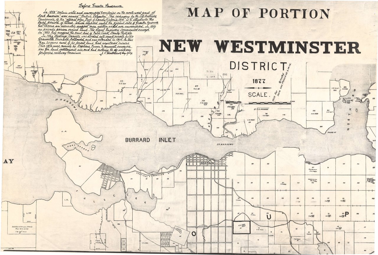 1877 年新西敏区测绘地图，False Creek 头部标有 I.R. 记号的保留地范围