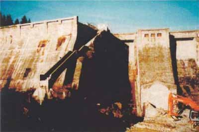 Intake dam 东侧，坝体结构、闸门和水流方向可见