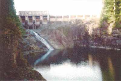 Blind slough dam 坝体和闸门，配合 intake dam 和 main dam 控制 Stave River 分支水流