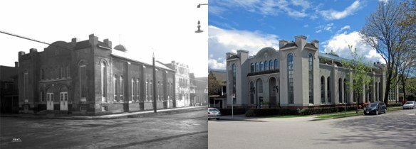 1920 年代 Heatley 与 East Pender 街角的 Schara Tzedeck 会堂，新建筑占据街角体量，边缘可见旧木堂移至地块后方