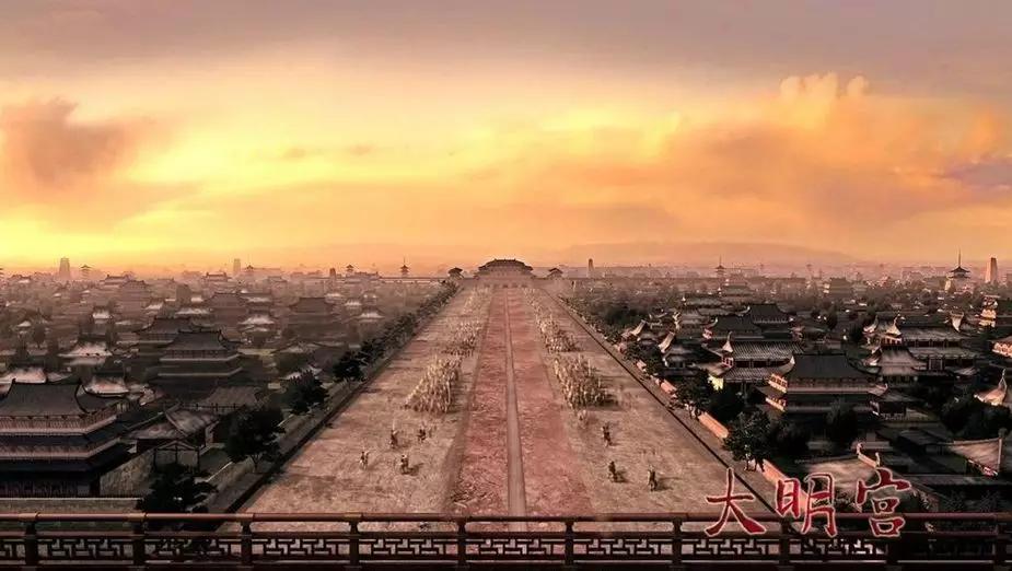 唐长安城复原图：朱雀大街作为南北中轴线贯穿全城，呈东西对称格局