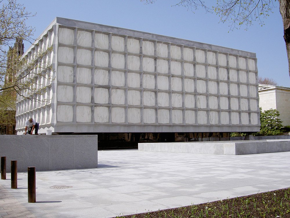 Beinecke Library exterior, showing the translucent Vermont Danby marble panels in the granite grid