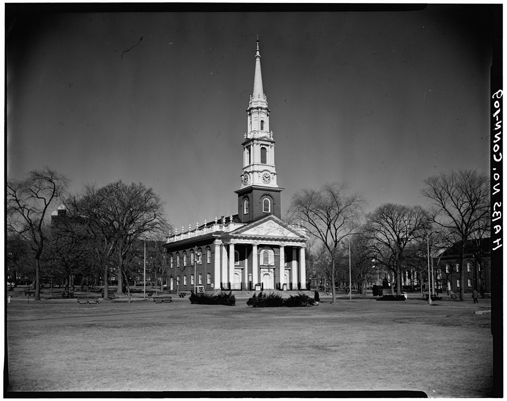 Center Church on the Green from Temple Street, showing elevated main floor above the public green