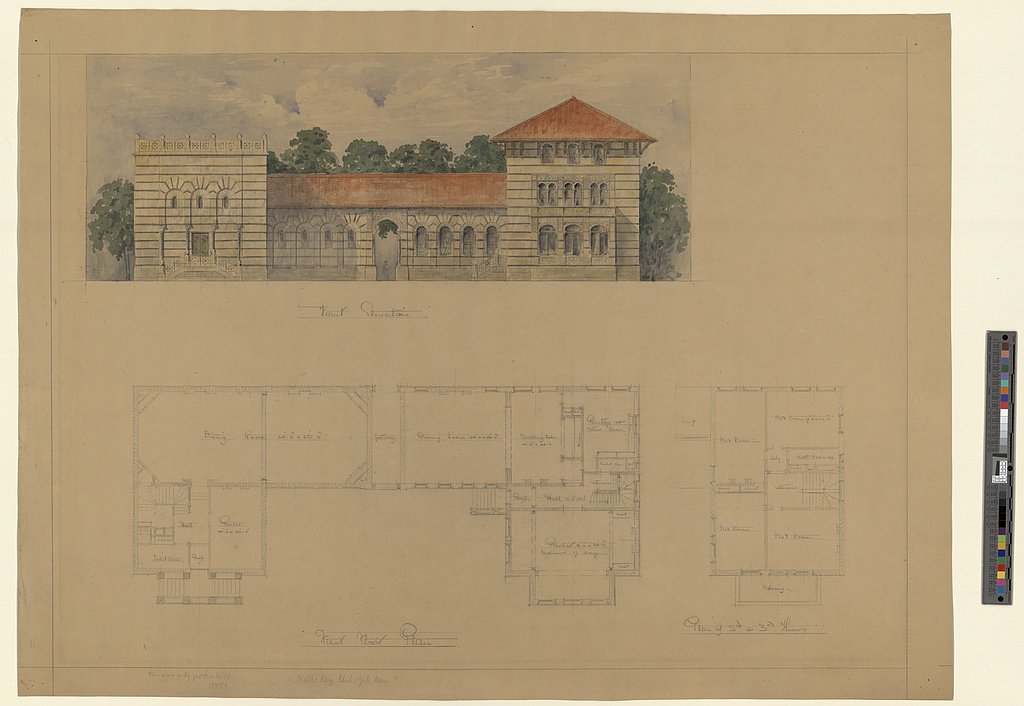 Richard Morris Hunt's original elevation drawing for the Scroll and Key Society Building, showing the architect's conception of the facade