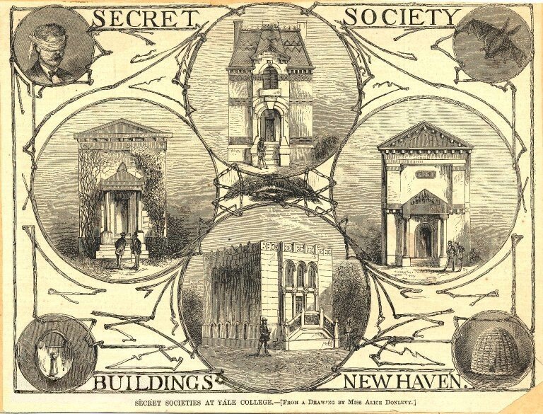 A historical comparison of multiple Yale secret society buildings, including Scroll and Key and Skull and Bones, showing their shared "tomb" typology and differing street strategies