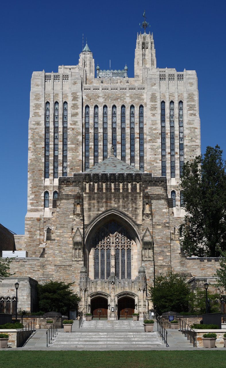 Sterling Memorial Library from Cross Campus, showing Gothic facade and stack tower