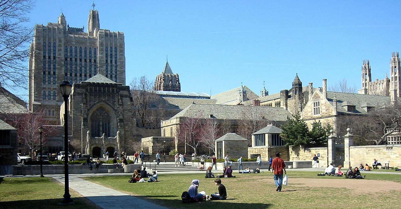 Sterling Memorial Library facade with Gothic tower and arched windows