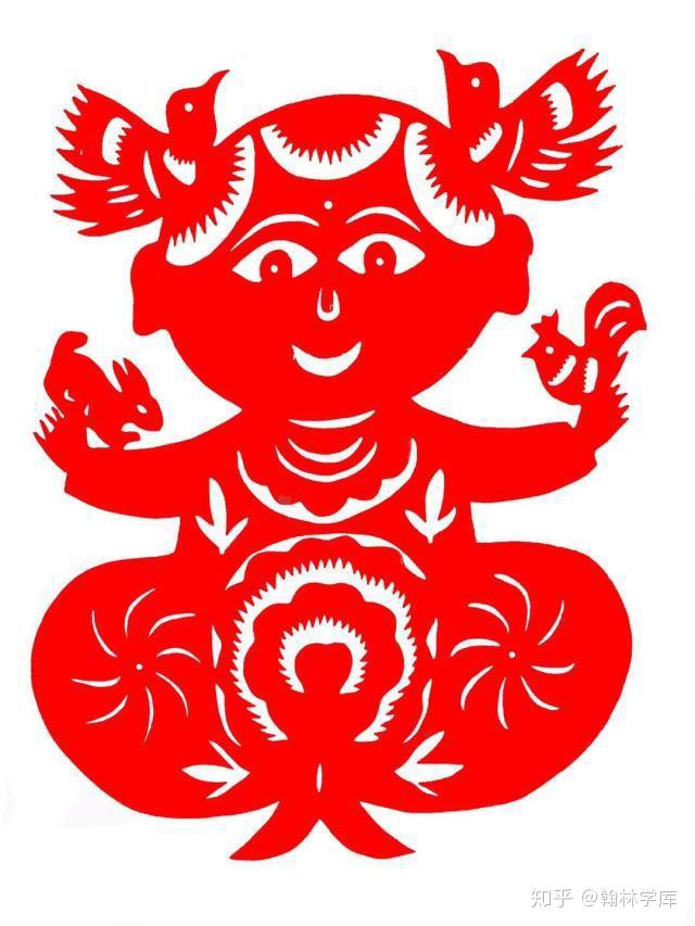 安塞剪纸作品：抓髻娃娃图案，红色剪纸，对称人形持物造型