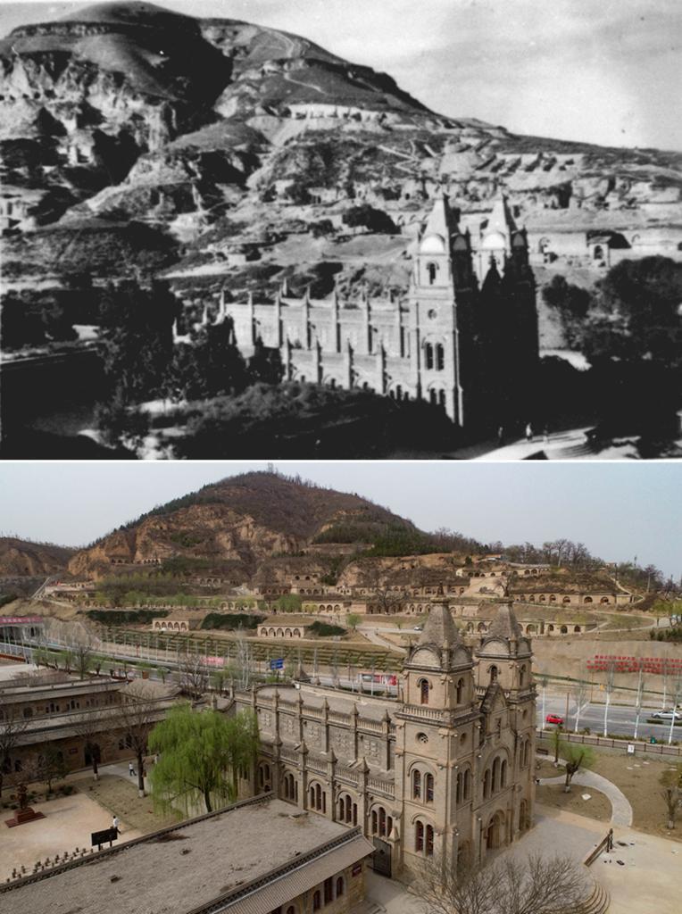新华网报道配图：桥儿沟天主堂远景，教堂与周边窑洞和山体并置